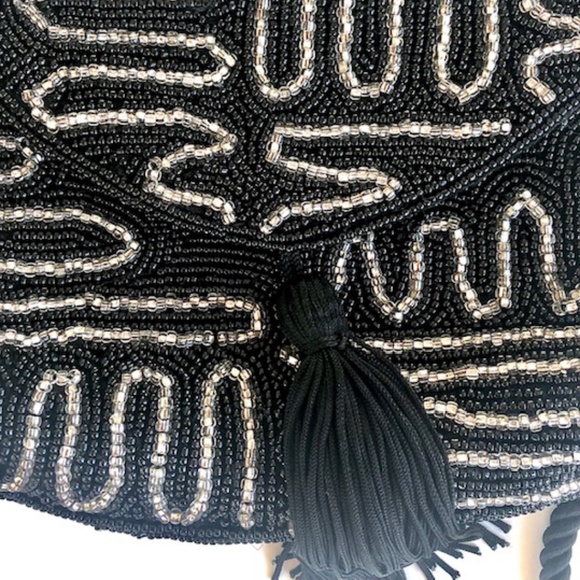 Vintage Lord & Taylor Black & Silver Beaded Crossbody Bag with Tassel - Picture 2 of 5
